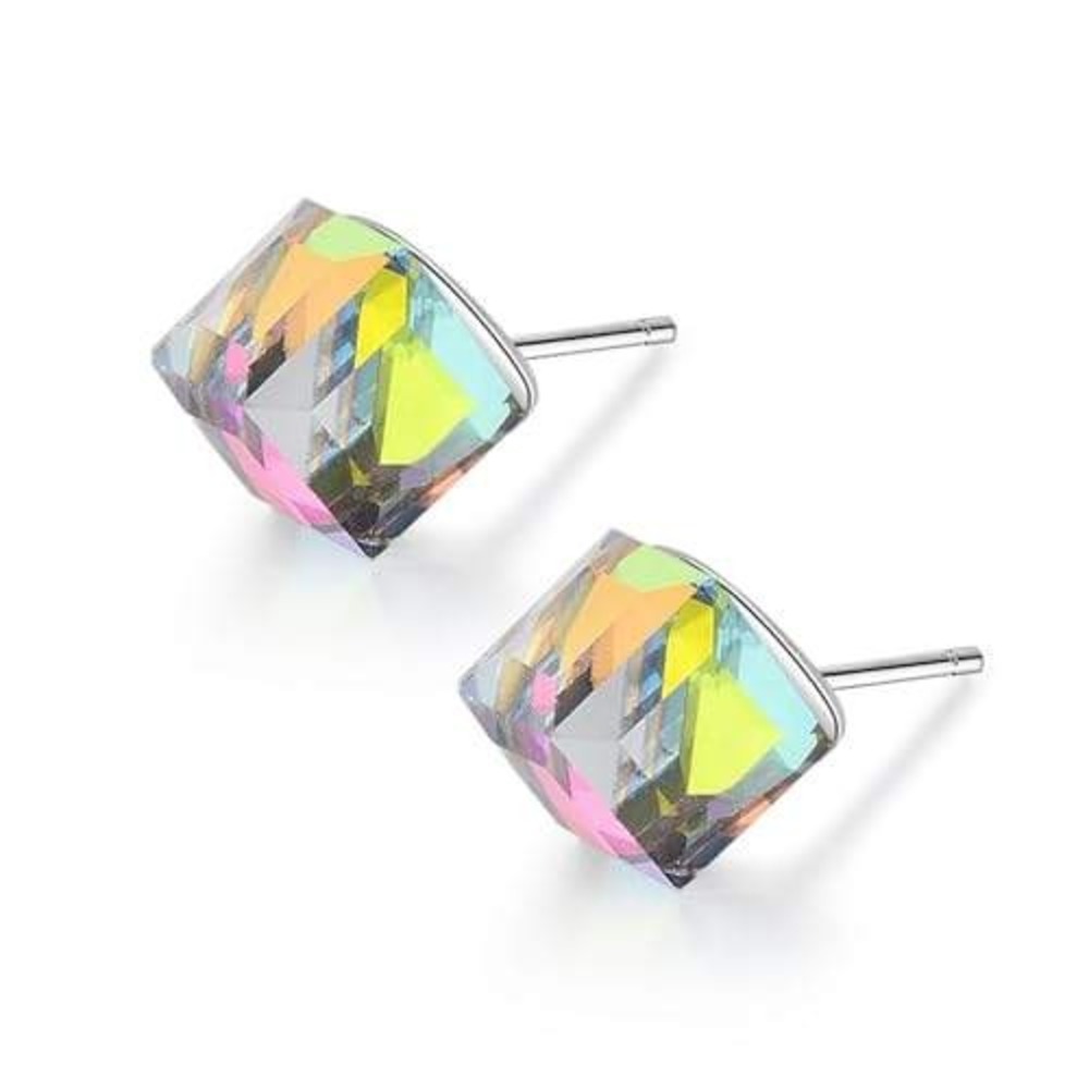 Iridescent Aurora‎ Borealis Crystal Cube Stud Earrings Silver Tone